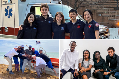 Collage of three images: Five people wearing EMT uniforms pose together in front of an ambulance. Seven men pose together for a photo: three men on either side of the center man have their hands on his belly. Behind them is a small boat with a flag that says "S.O.S. Carbon." Four people sit together on a bench in front of a white background.