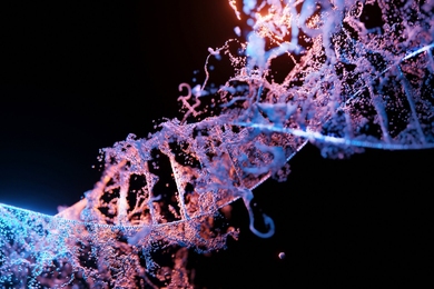 3D rendering of a DNA molecule in blue and pink against a black background