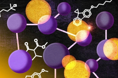 Illustration shows purple and orange balls, floating and connected like a neural network or like molecules. White molecule figures are also floating against the dark background.