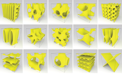 A 5x3 grid shows renderings of yellow objects. The objects have dynamic, bizarre shapes with large holes and a mix of smooth curved and straight surfaces. 