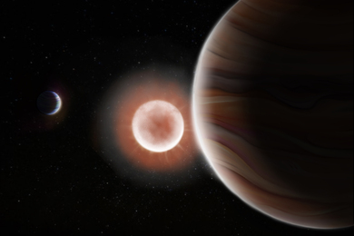 An artist’s rendering of three brownish celestial bodies against a black background; one far away and crescent-shaped on left, one glowing bright in center, and a large one on right.