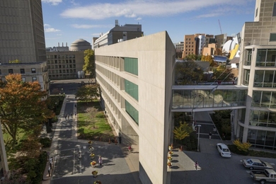 Aerial view of an angular campus building