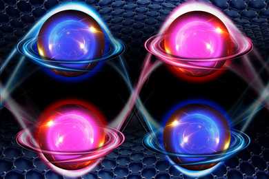 Between layers of graphene are 4 paired, shiny electrons. 2 are blue and 2 are red, and whisps of glowing energy connect them together. They have rings like Saturn, and these rings move them clockwise or counter-clockwise.