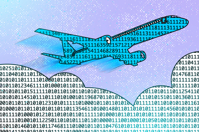 An airplane is composed of a pattern of numbers, but no zeroes. It flies over a cloud made of numbers, including many zeroes.