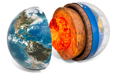 Earth split open in center showing inner structure layer-by-layer