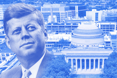 Stylized collage featuring a portrait photo of John F. Kennedy superimposed on an aerial photo of the MIT campus. The whole scene is shown in a blue hue
