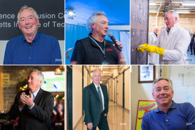 Two by three grid of photos of Dennis Whyte in different locations around MIT. Each is listed with a different year, with the earliest 2011 and the most recent 2023.