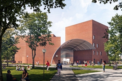 Rendering of the new MIT Music Building, which feagtures two cubical brick buildings connected by a large arched overhang that serves as both entryway and performance space