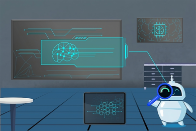 Digital illustration of a white robot with a magnifying glass, looking at a circuit-style display of a battery with a brain icon. The room resembles a lab with a white table, and there are two tech-themed displays on the wall showing abstract neural structures in glowing turquoise. A wire connects the robot's magnifying glass to the larger display. 