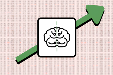 A stylized brain illustration is superimposed over a diagonal green arrow that is pointing upward. The background is light pink with a grid pattern.