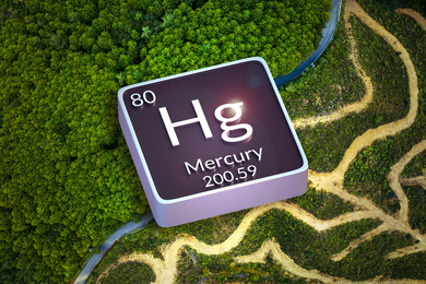 This image background shows an aerial photo of a forest, with the right side deforested with roads running through it. Overlain is the square for mercury from the periodic table, that says “80, Hg, Mercury, 200.59”