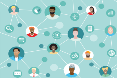 Cartoon images of people connected by networks, depicts a team working remotely on a project.