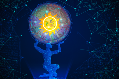 Like Atlas holding up the world, a kneeling blue humanlike figure holds up a sphere with a sun radiating multicolored branches with different kinase groups. The figure, sphere, and background are overlaid with dot-and-line networks and pieces of Rosetta stone text in Greek and Egyptian.