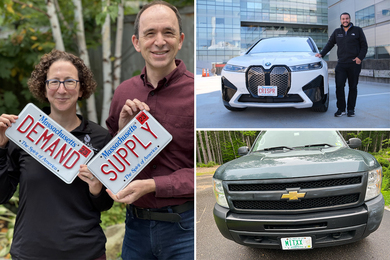Collage with three images:  Amy Finkelstein and Ben Olken holding "SUPPLY" and "DEMAND" plates; Omar Abudayyeh stands on a rooftop next to a white SUV with the license plate “CRISPR”; and a pickup truck sports an "MITXX" license plate. 