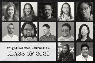 12 grayscale portrait photos laid out to resemble a yearbook page. Text reads: Knight Science Journalism Class of 2025