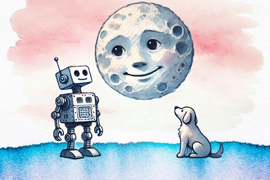 In this watercolor scene a cartoon robot sees a smiling face in the moon, while a dog looks on.