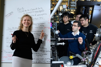 At left, Mariya Grinberg stands in front of a whiteboard filled with text. At right, Nuh Gedik sits at a scientific instrument in the lab, surrounded by his mentees.