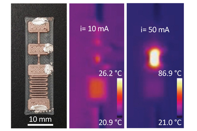 The 3D-printed device is only 10mm wide with visible, goopy texture. Two heat map images show changes in heat it can endure.