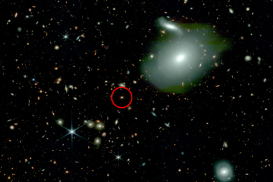 Thousands of galaxies appear as bright lights against the black of space, and one is circled in red.