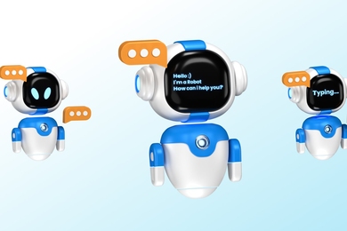 Three cartoon robots, each with a speech bubble. The larger central one displays “Hello, I'm a robot. How can I help you.” The one on the right says “Typing."