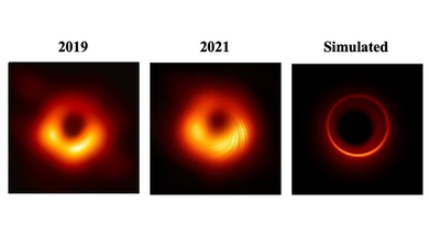 Three rings of light against a black background. The first is large and diffuse, the second is large and diffuse with precise striations in the light, and the third is thin and precise.