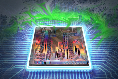 A computer chip with an engraved cityscape has white and green energy above it.