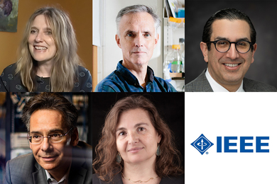 Headshots of Regina Barzilay, Jim Collins, Roozbeh Jafari, William Oliver, and Daniela Rus, plus the IEEE logo