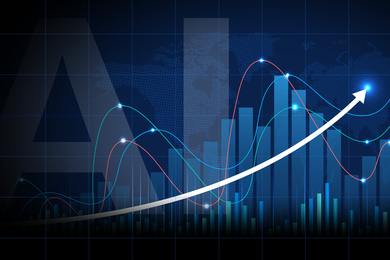 “AI” behind a different kinds of graphs showing growth and decline