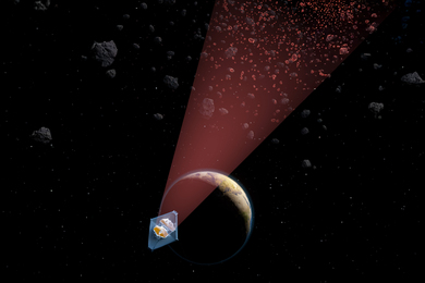 Illustration of the James Webb Space Telescope shining light on a population of small asteroids