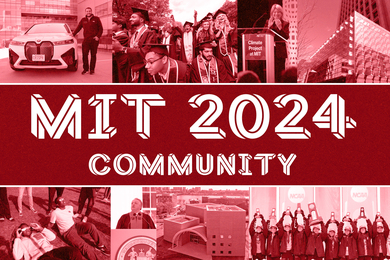 Text says “MIT 2024: Community” with photos of campus, students, and MIT community with maroon overlay.