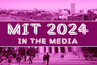 Text says “MIT 2024: In the Media” with an aerial photo of campus and people crossing Mass Ave, with purple overlay