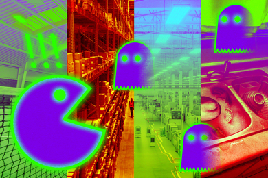 A Pacman-type illustration shows a Pacman and 3 ghosts. The background is 4 photos of different environments like factories and warehouses.