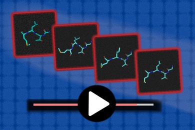 Four frames of a molecule, each outlined in a red square, sequentially play out over a video player with a red progress bar. The blue background grid represents the many frames the model can generate.