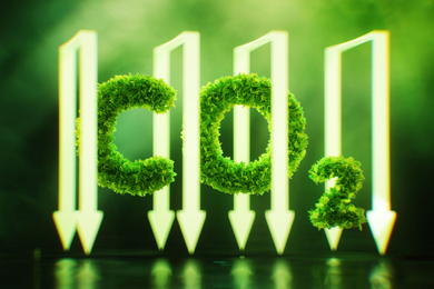 Arrows point down and leafy letters say “CO2.”