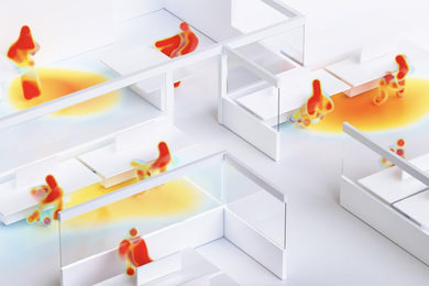 Rendering shows blurry, colorful human shapes in an office.