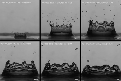 Six views of a splashing droplet. Timecode states about 29 milliseconds pass.