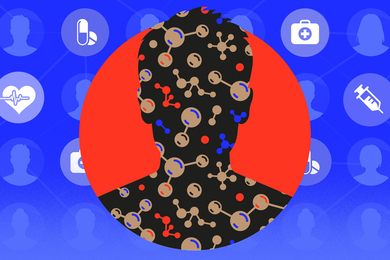 In front, a human silhouette is filled with metabolite icons. Health-related and AI-related icons are in background.