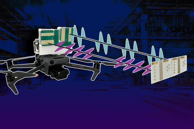 A drone has two green sensors on top. Two sets of radio waves, one horizontal and one vertical, emanate from the sensor to a rectangular sensor.