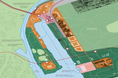 Illustration showing a peninsula in a river running through Mariupol, labeled in Ukrainian, envisioning how the space could become part of green space, a transportation network, and space for public use