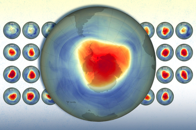 An image from the ozone layer in September 2024 is in front of smaller images showing the evolution of the ozone layer from 1979-2018.