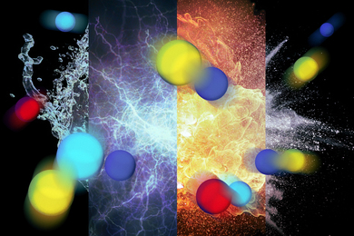 Moving, colorful molecules in front of water, fire, and electricity bursts.