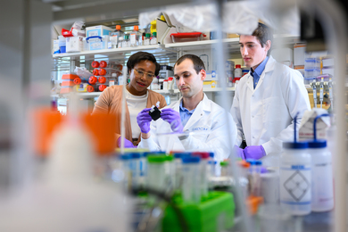 Alt text: Paula Hammond, Ivan Pires, Extra Gordon in a lab