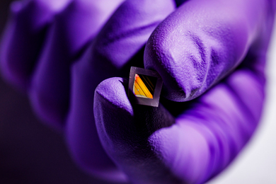A close-up of the tiny square material has a black square in middle that reflects gold, with translucent border.