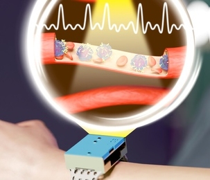 A device that looks like a wristwatch; an inset illustration above the device depicts monitoring red blood cells