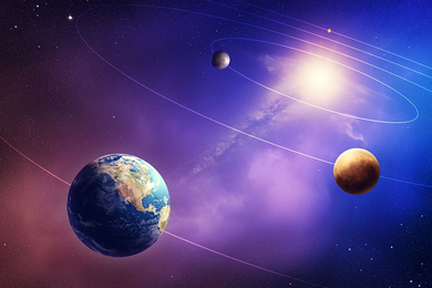 Illustration of the inner four solar system planets orbiting the sun. None are to scale