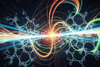 abstract digital image of atoms and electrons incorporating chemical bonds, fiber optics, and digital code