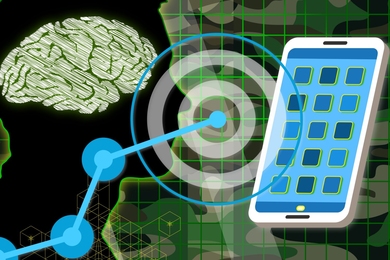 Illustration showing a silhouette of a head looking toward a smartphone. Touchphone and digital themes are present, along with military camo colors in the background