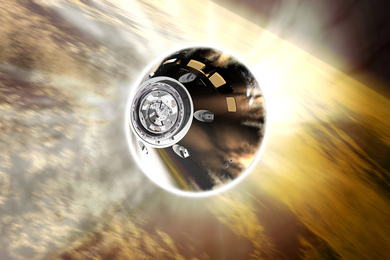 Realistic illustration of a space capsule reentering Earth's atmosphere