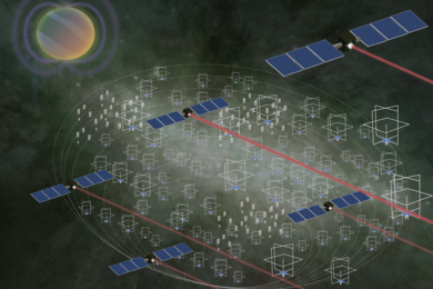 Illustration shows hundreds of small space satellites feeding data to four larger satellites, which transmit the data to a point offscreen