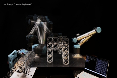 Two robotic arms assemble a geometric stool-like structure made of interlocking lattice components. 